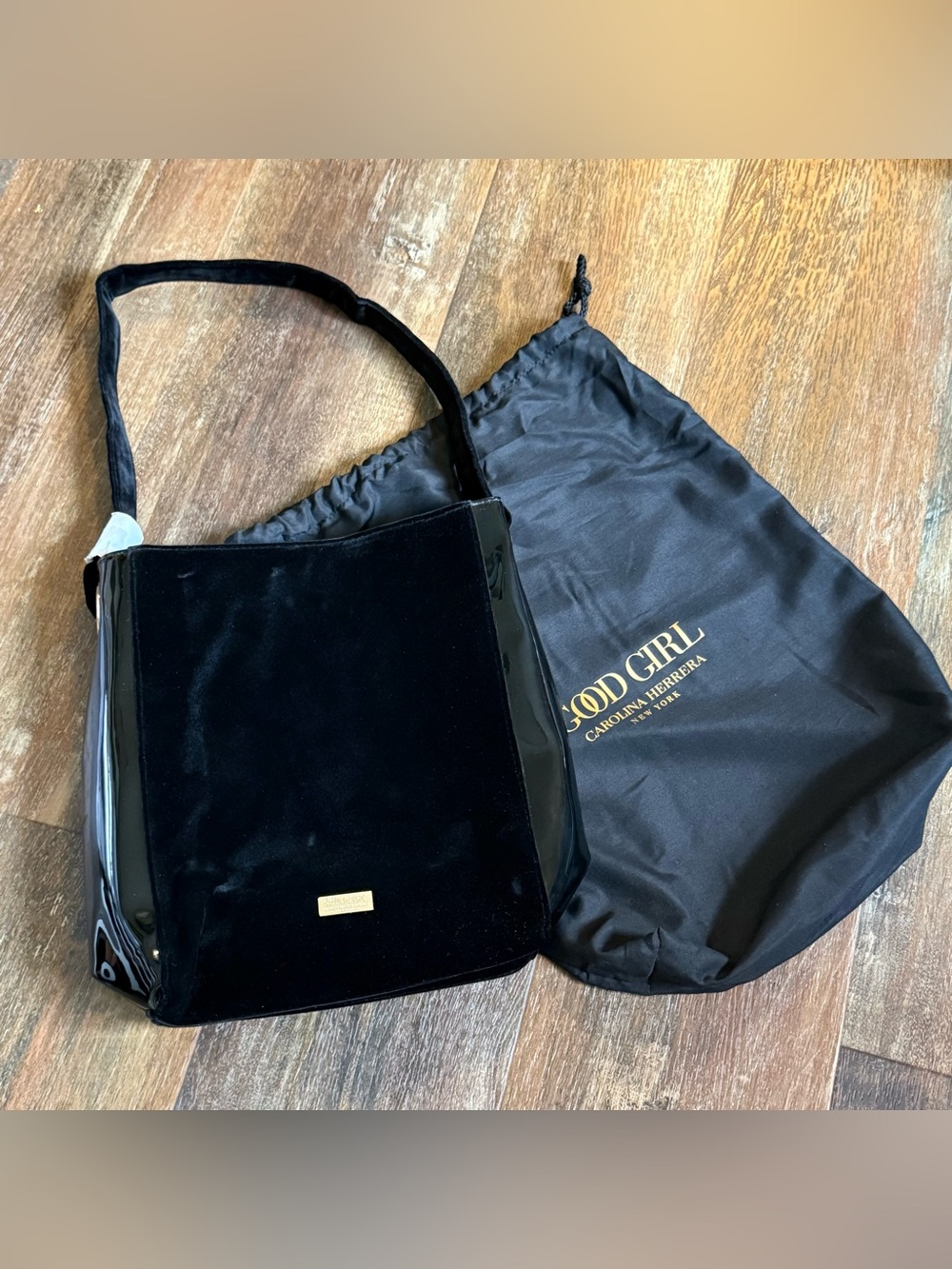 Carolina Herrera Black Velvet and Patent Shoulder Bag